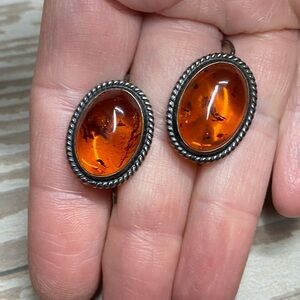 Vintage sterling silver orange amber dangle earrings